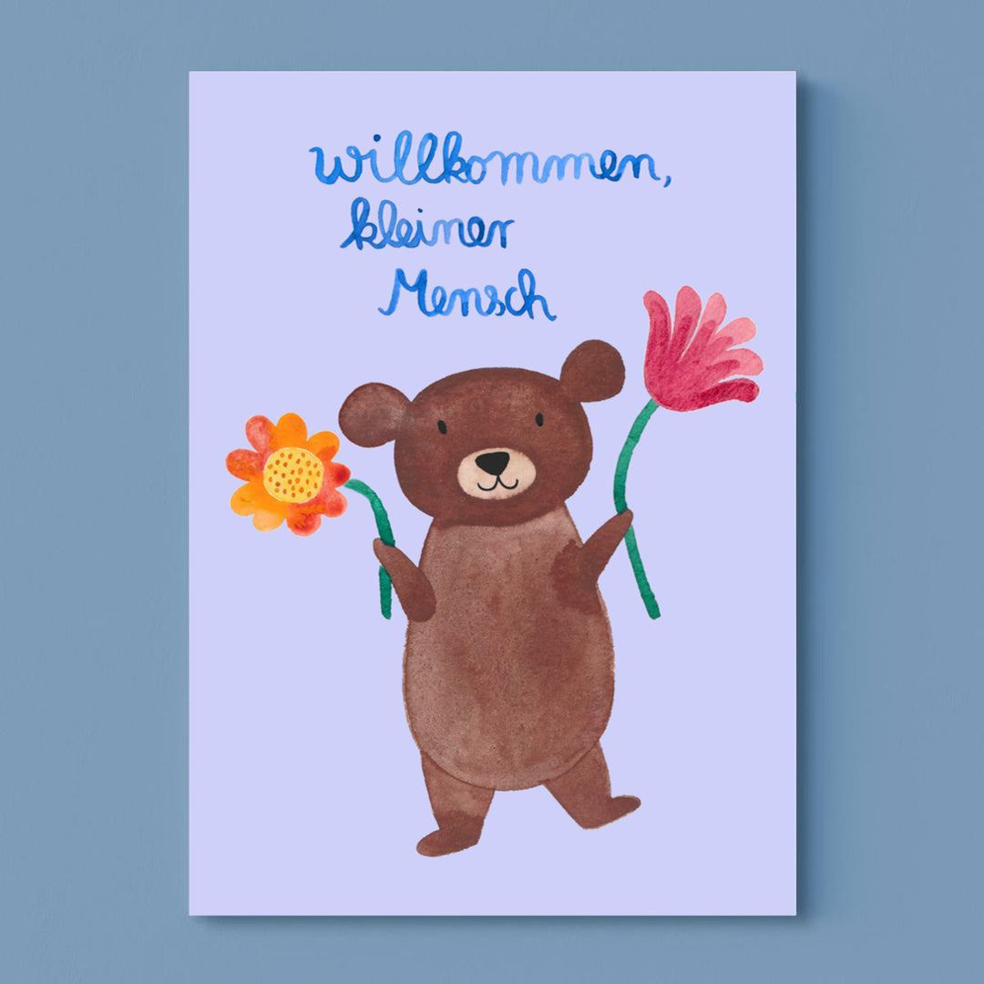 Postkarte zur Geburt *Willkommen* mit Teddy