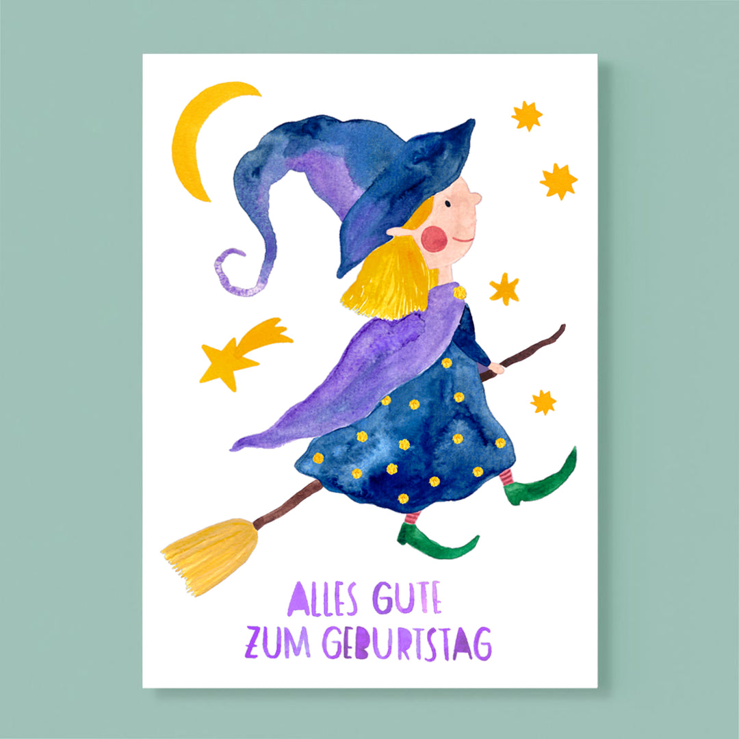 Geburtstagskarte *Alles Gute* mit kleiner Hexe