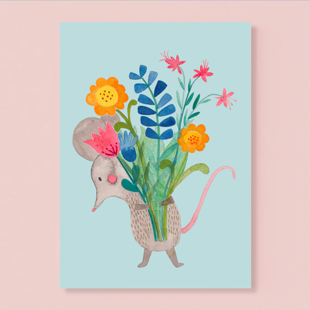 Glückwunschkarte *Maus mit Blumen*