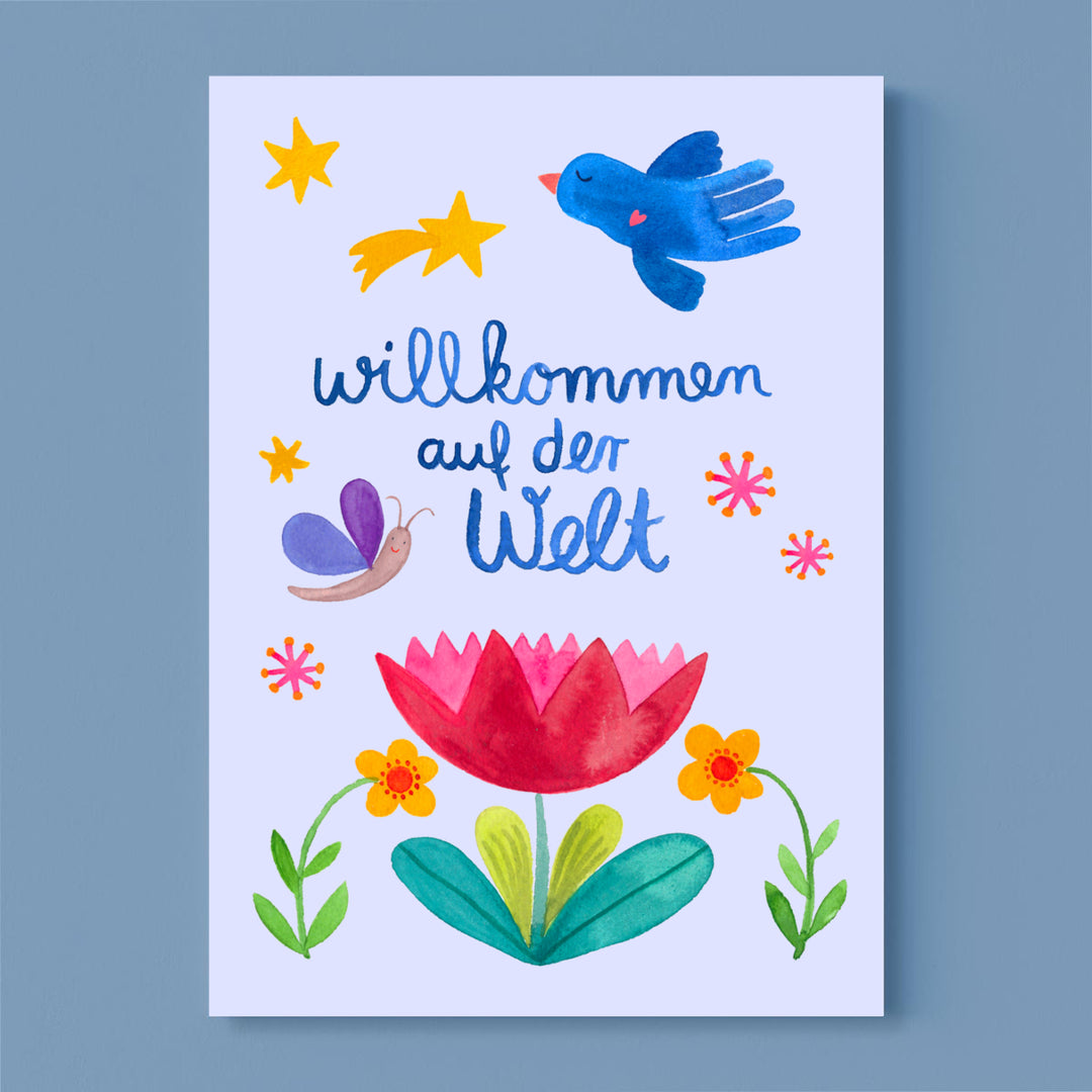 Postkarte zur Geburt *Willkommen* mit Blumen und Vogel
