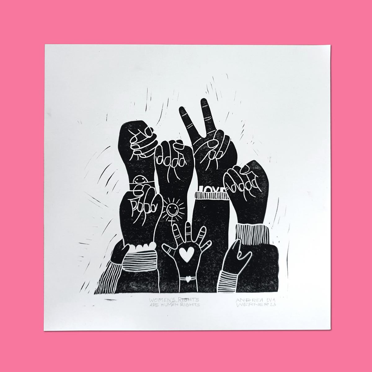 Linoldruck Original *Women's Rights Are Human Rights* (schwarze Version)