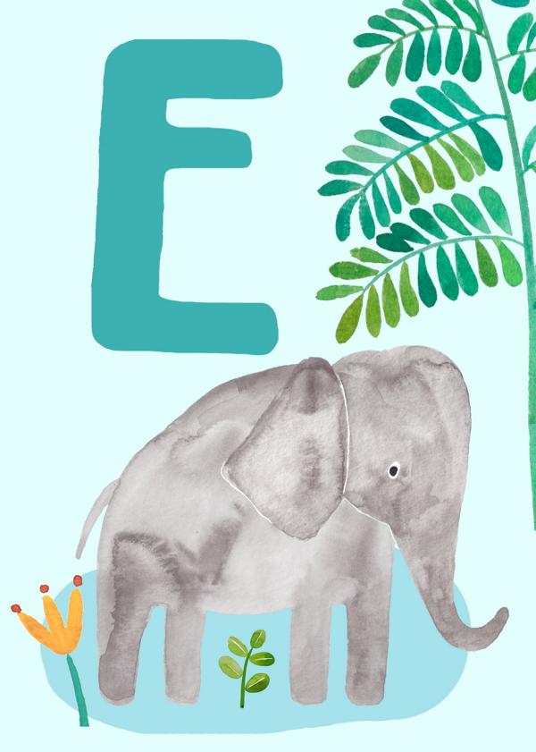 ABC Karte "E wie Elefant“ (Tier ABC)