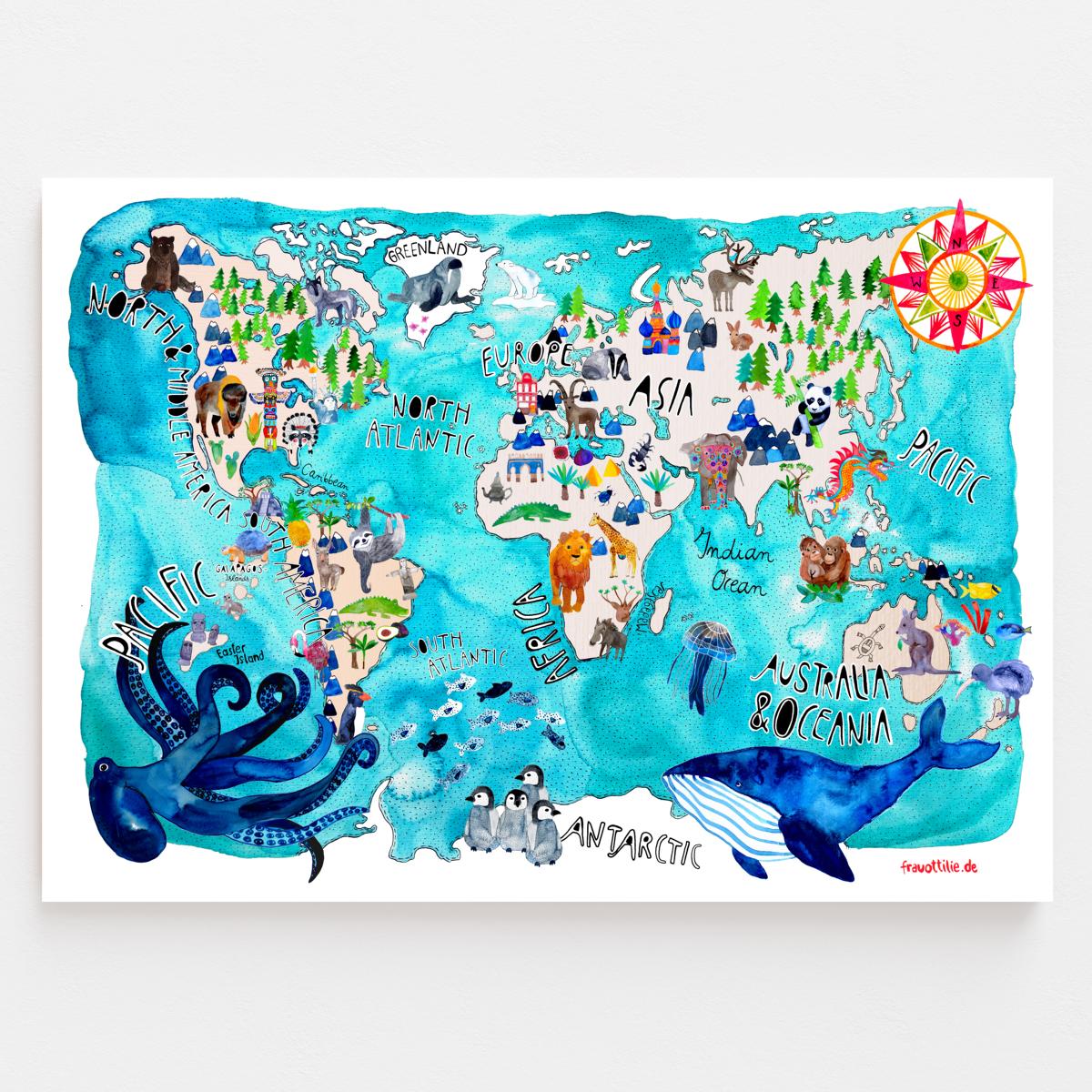Poster *Weltkarte der Tiere* (englisch)